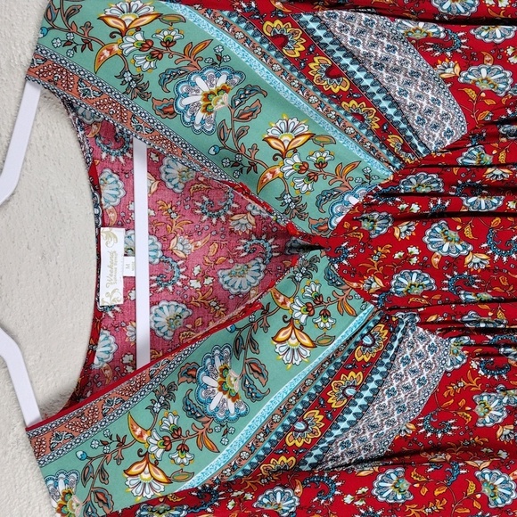 Suzanne Betro Weekend Red Blue Floral Button V-Neck Long Sleeve Bohemian Top - Picture 5 of 13